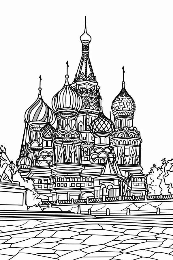 Saint basil's cathedral, realistic architectural line art — free printable culture coloring book page