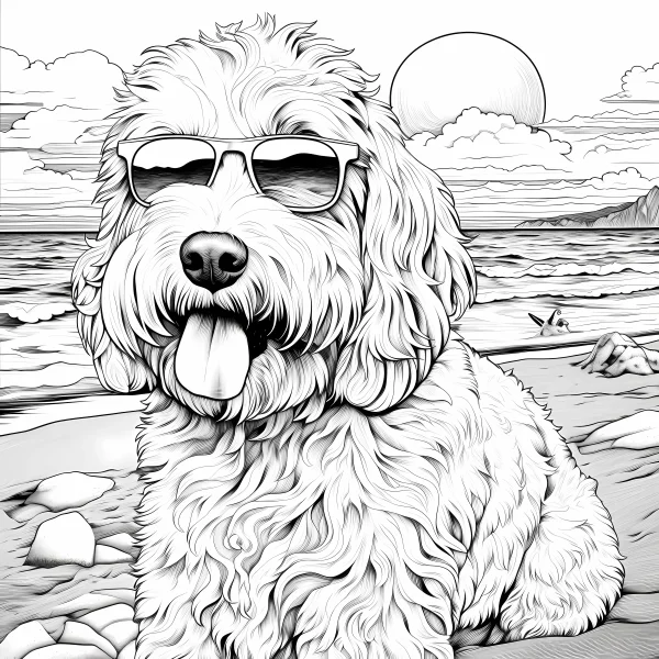 Curly-haired dog wearing sunglasses sitting on beach, realistic sketch style — free printable summer coloring book page