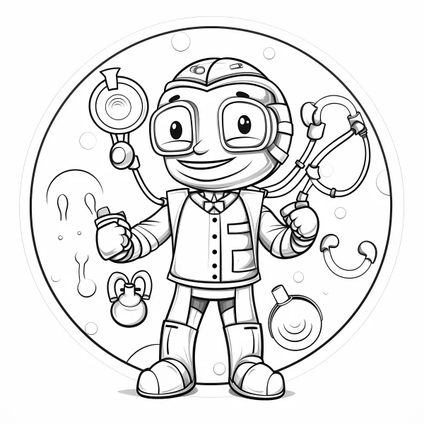 Cartoon sci-fi robot with goggles, cartoon style — free printable robot coloring book page