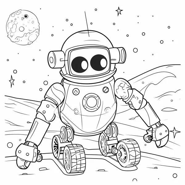 Cartoon space robot with wheeled base, standing on a planet surface in outer space — free printable robot coloring book page