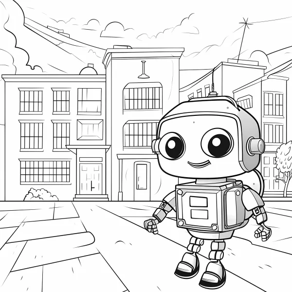 Cute cartoon robot, cartoon style — free printable city life coloring book page