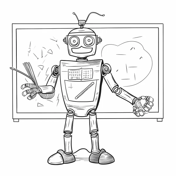 Teacher robot in front of blackboard holding a book, cartoon style — free printable education coloring book page