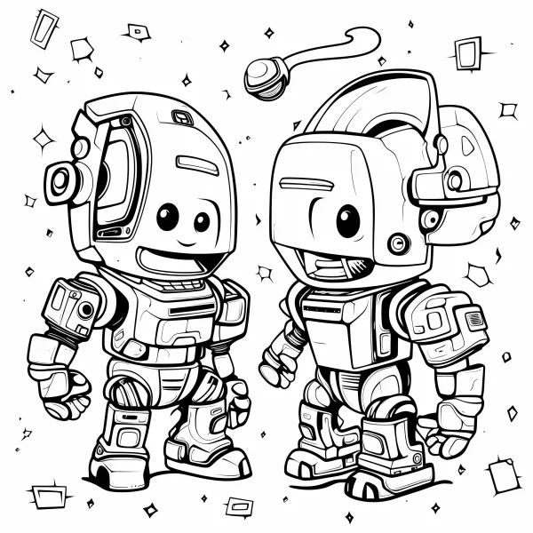 Two cute cartoon robots, sci-fi cartoon style — free printable robot coloring book page