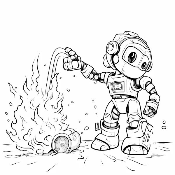 Cute cartoon fire-fighting robot, cartoon style — free printable robot coloring book page