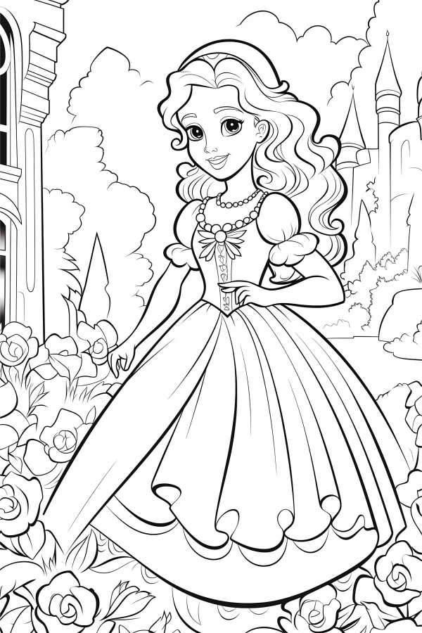 Elegant princess standing in rose garden, cartoon fairy tale style — free printable princess coloring book page