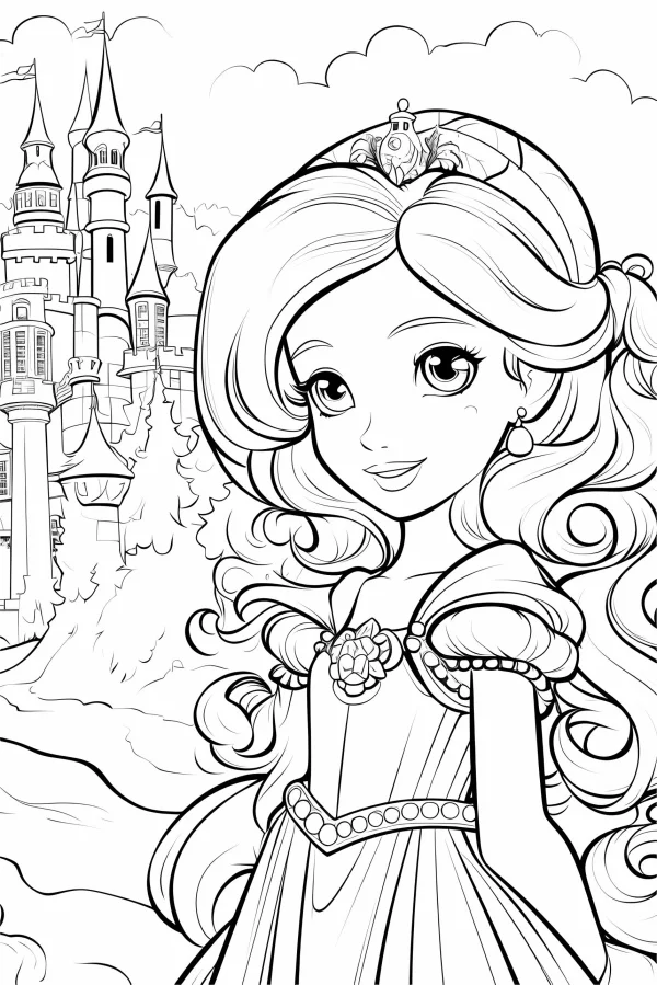 Curly-haired princess with tiara and earrings, cartoon style — free printable princess coloring book page