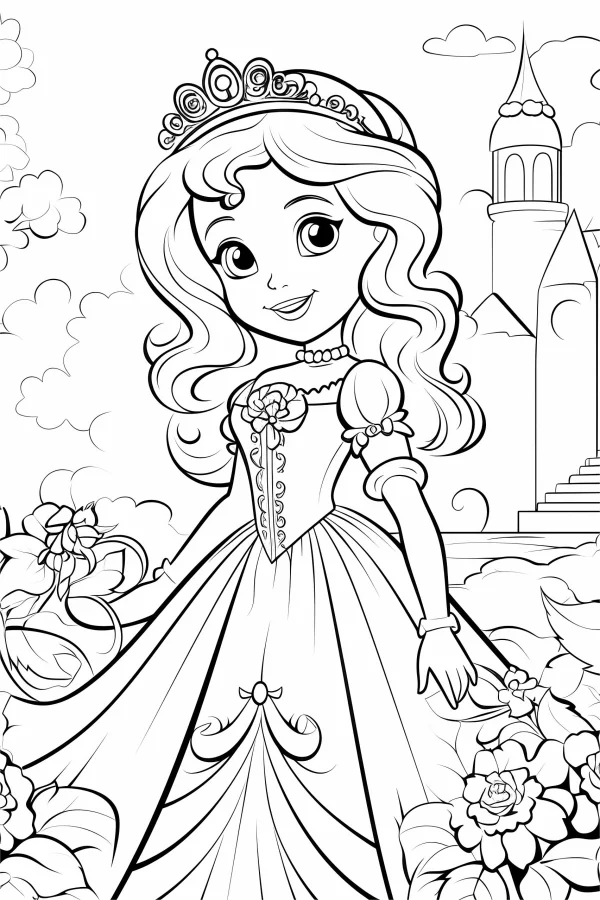 Cute cartoon princess with curly hair and crown, fairy tale theme — free printable princess coloring book page