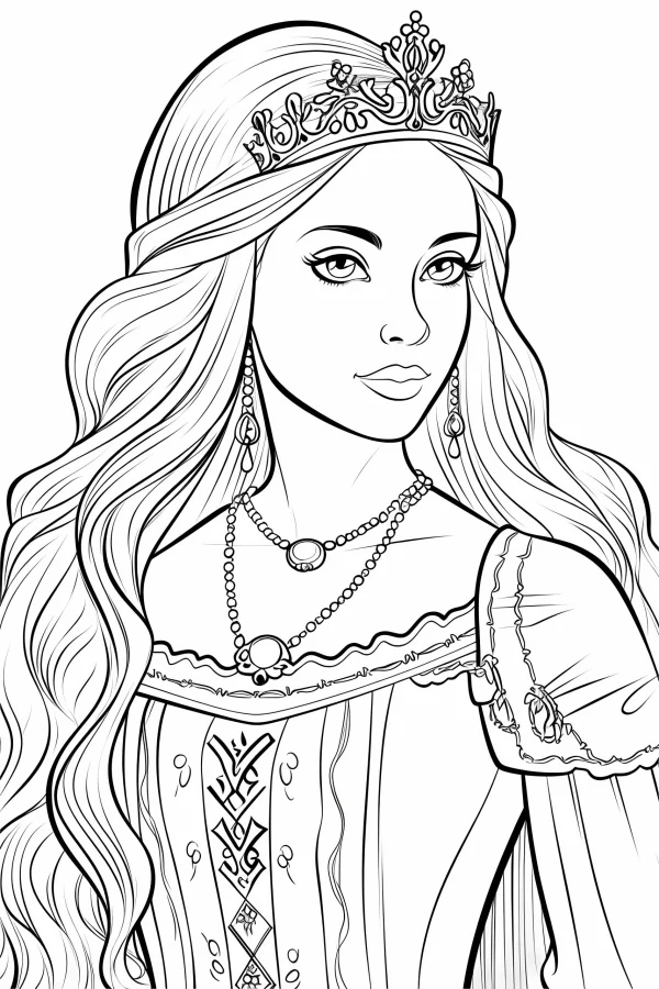 Long-haired court princess with crown, drop earrings and double necklaces — free printable court coloring book page