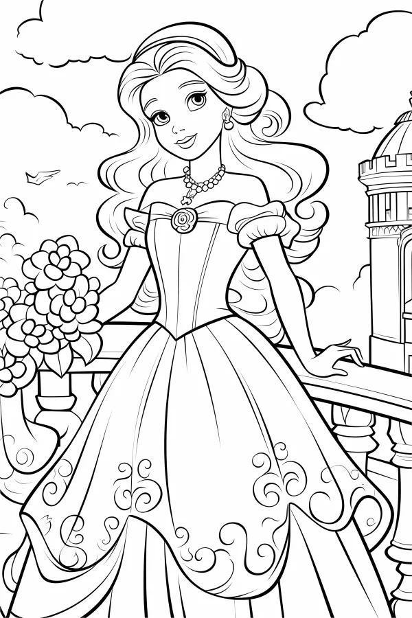 Elegant princess in ornate ball gown, cartoon style — free printable castle coloring book page