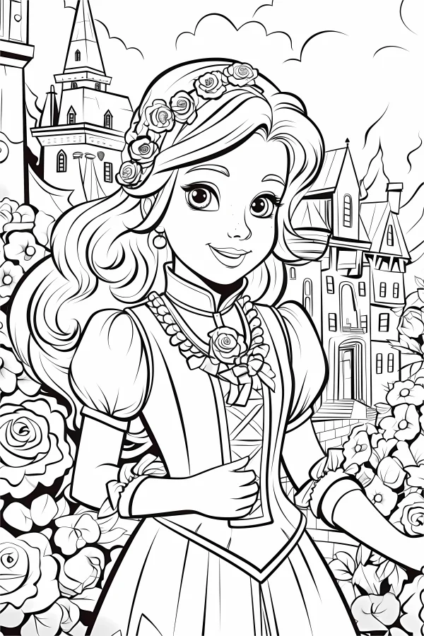 Fairy tale princess with rose flower crown, cartoon fairy tale style — free printable castle coloring book page