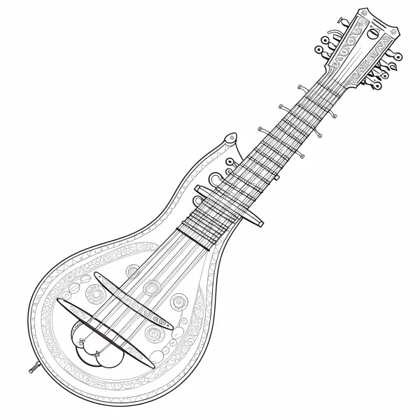 Decorative sitar with mandala patterns, indian decorative art style — free printable indian culture coloring book page