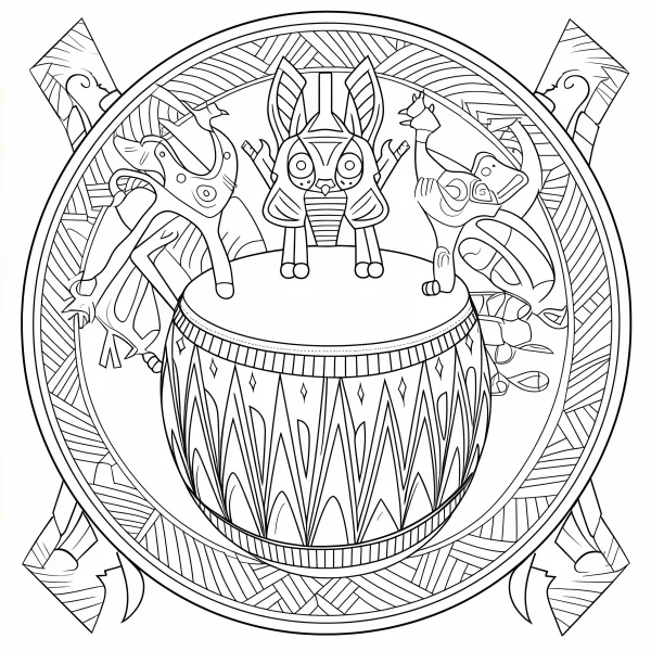 Tribal totem style cartoon animals standing on a hand drum, ethnic tribal geometric patterns — free printable indigenous coloring book page
