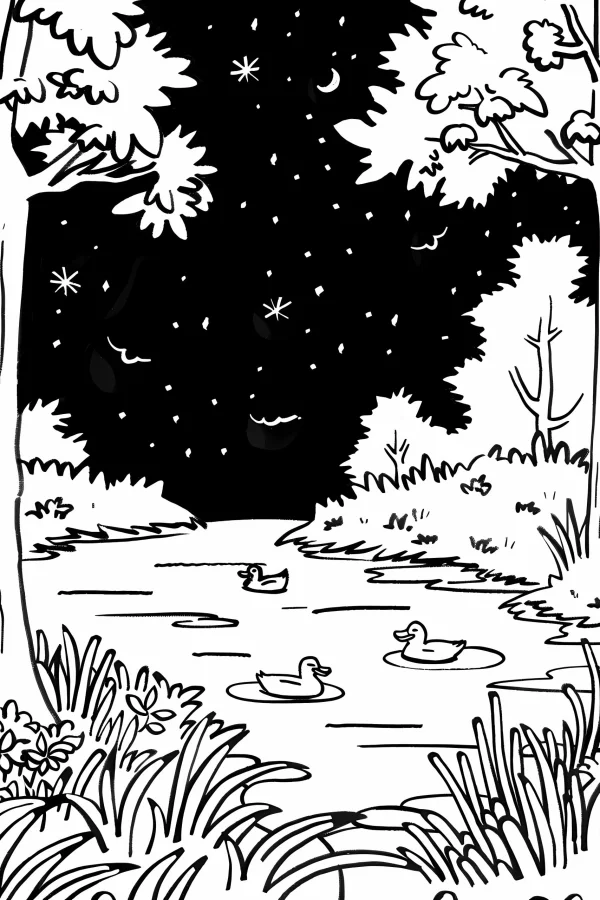 Ducks swimming in night pond, cartoon line art style — free printable night coloring book page