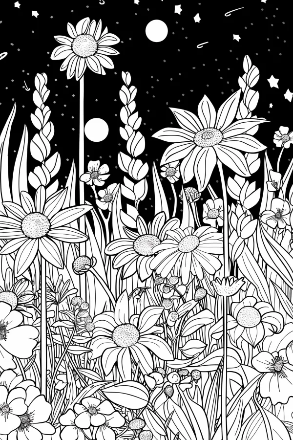Night flower meadow with daisies and wild flowers, starry night background with moons and stars — free printable night scene coloring book page