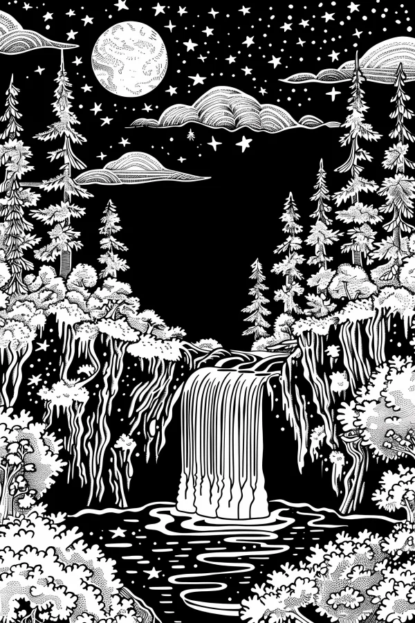 Night forest with waterfall, line art style — free printable starry sky coloring book page