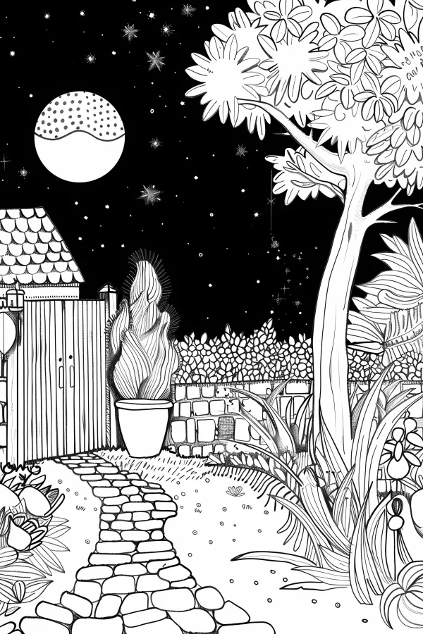 Night garden scene, hand-drawn line art style — free printable life scenes coloring book page