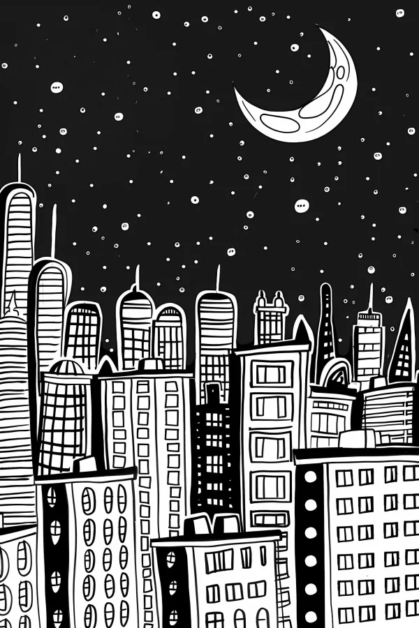 Night city skyline with various tall buildings, cartoon style — free printable starry sky coloring book page