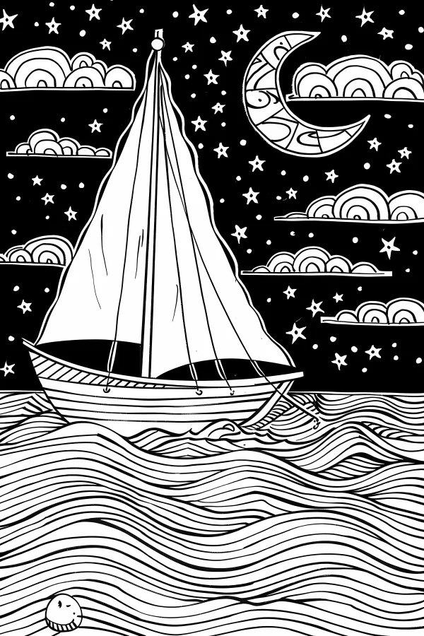 Sailboat on wavy ocean at night, fantasy style with anthropomorphic crescent moon and small fish — free printable night coloring book page