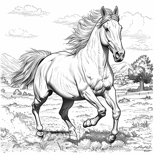 Running horse in grassland, realistic sketch style — free printable grassland coloring book page