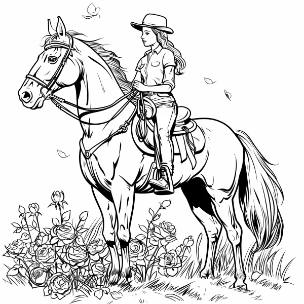 Cowgirl riding a horse, realistic illustration style — free printable euro-american culture coloring book page