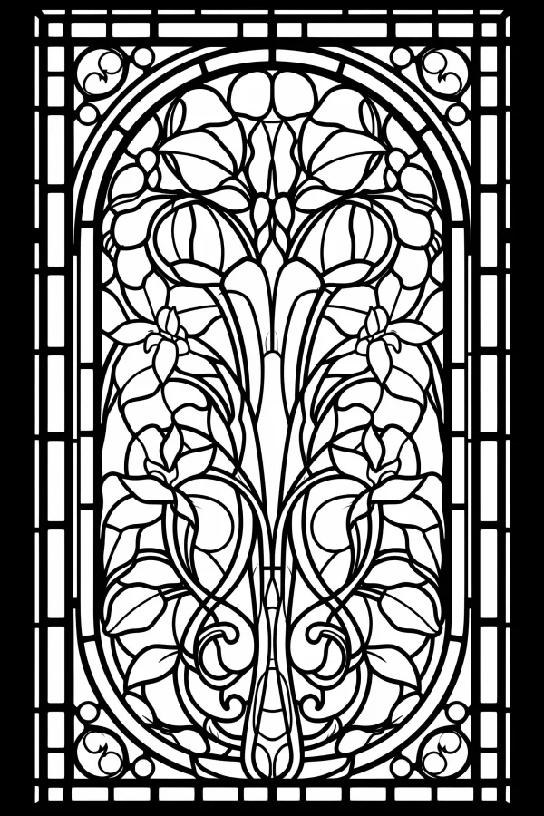 Art nouveau style floral stained glass window, intricate organic floral patterns with vines and leaves — free printable art nouveau coloring book page