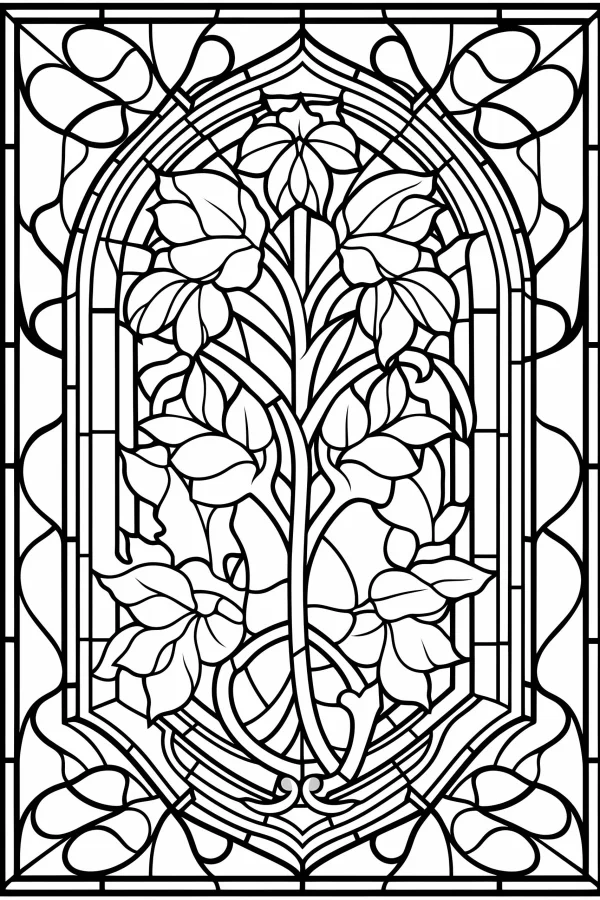 Stained glass style plant vines and leaves, art nouveau and decorative art style — free printable art nouveau coloring book page