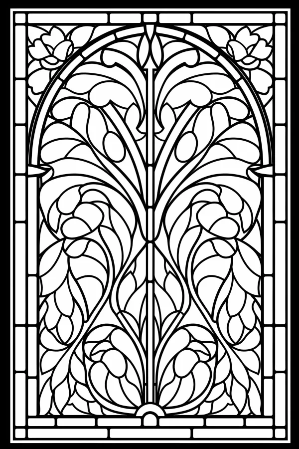 Art nouveau style stained glass window with intricate vine and floral patterns, flowing organic symmetric lines — free printable art nouveau coloring book page