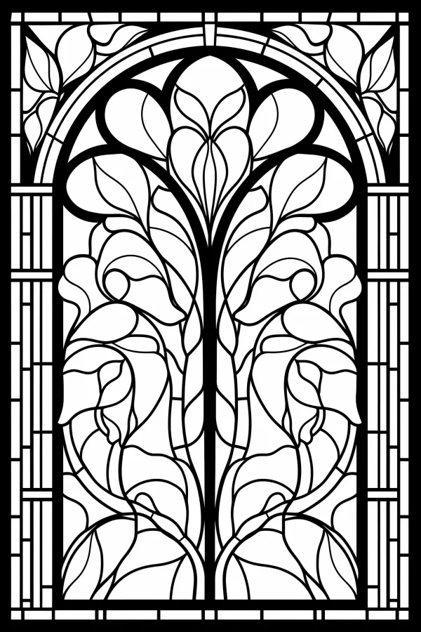 Art nouveau style floral stained glass window, intricate organic floral and vine patterns — free printable art nouveau coloring book page