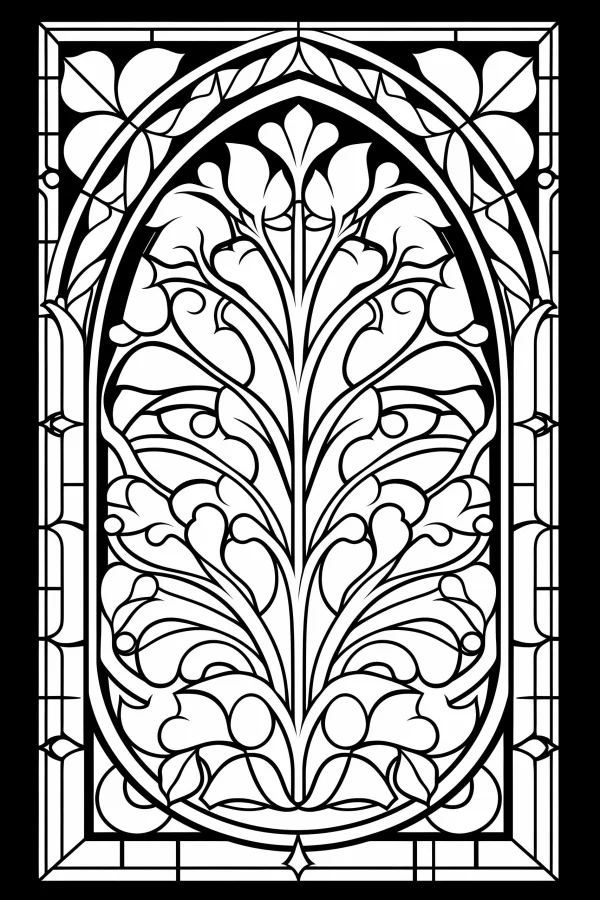 Gothic stained glass window with intricate vine and leaf symmetrical patterns, fine smooth outlines — free printable goth culture coloring book page