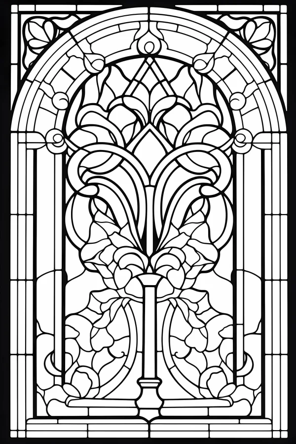 Art nouveau style stained glass window with floral and vine patterns, symmetrical decorative design — free printable art nouveau coloring book page