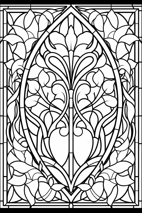 Art nouveau style plant decorative pattern, stained glass style frame — free printable art nouveau coloring book page