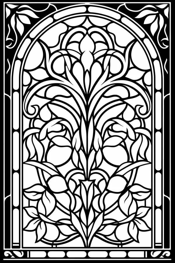 Art nouveau style vine plant window decoration, symmetrical organic leaf and vine patterns — free printable art nouveau coloring book page