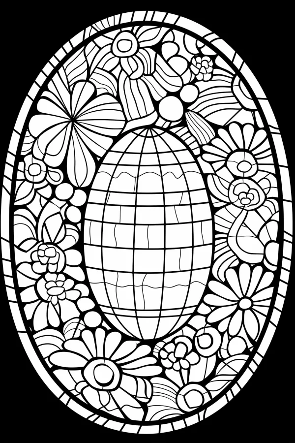 Earth globe with latitude and longitude lines surrounded by various flowers, stained glass decorative art style — free printable environmental coloring book page