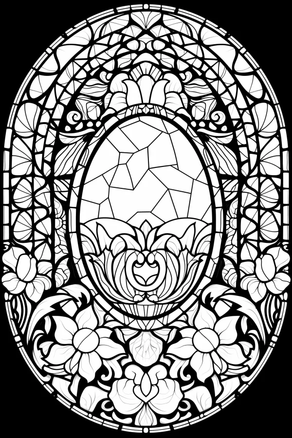 Art nouveau style floral decorative stained glass pattern, intricate symmetrical floral and vine motifs — free printable art nouveau coloring book page