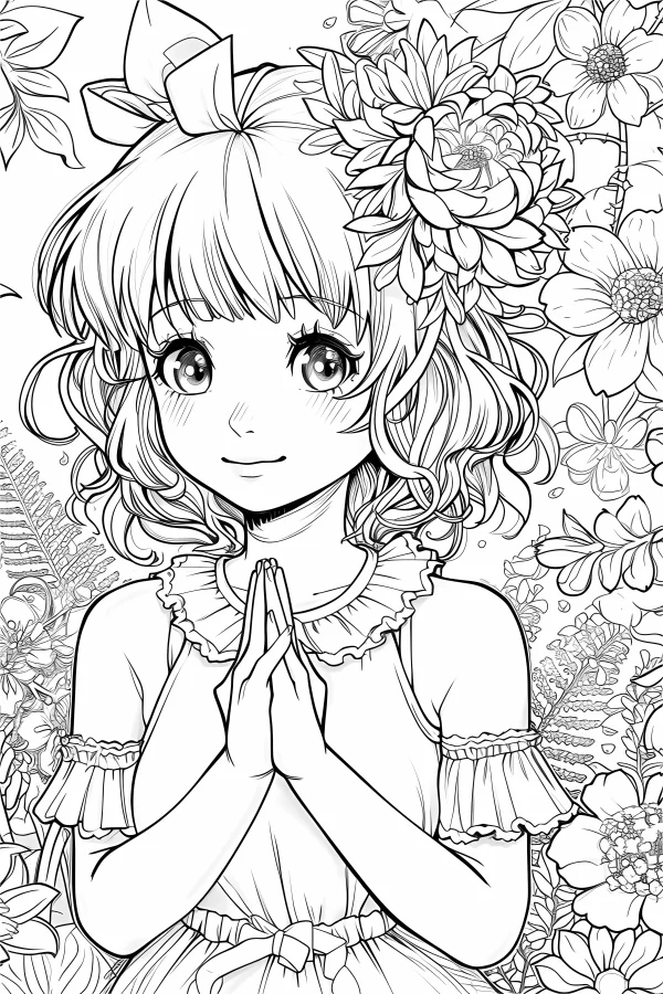 Cute cartoon girl with curly hair in a flower bush, hands clasped together — free printable girl coloring book page
