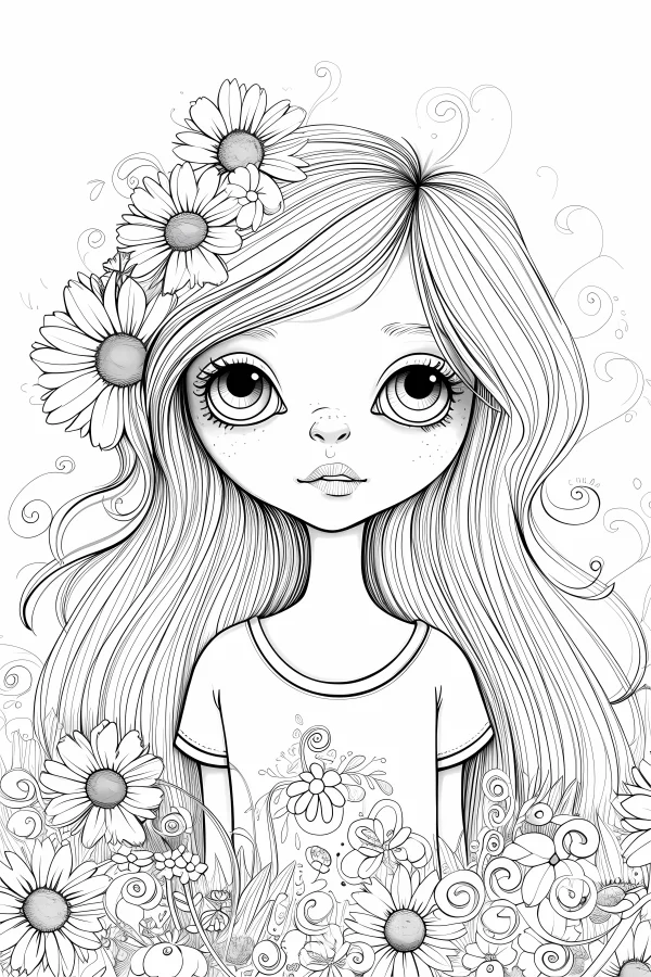 Big-eyed girl with daisies in long hair, cartoon fairy tale style — free printable girl coloring book page
