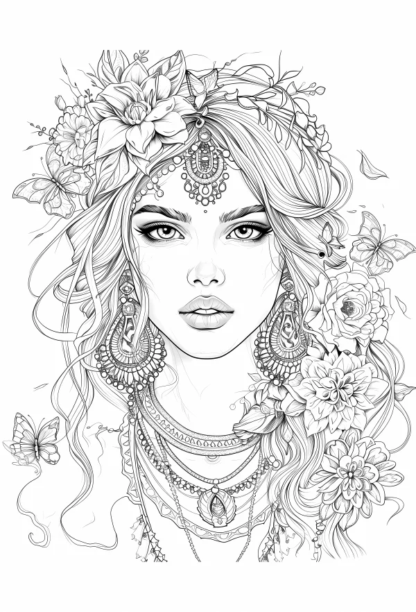 Bohemian style girl with flower headdress and butterflies, fine flowing organic lines — free printable bohemian coloring book page