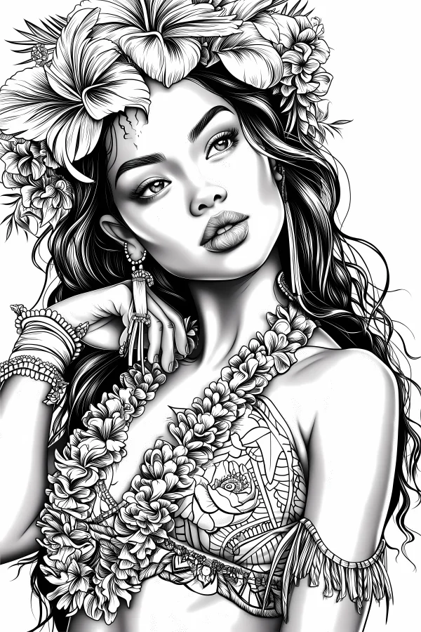 Polynesian style girl with tropical hibiscus flower headdress and floral necklace, realistic line art — free printable polynesian culture coloring book page