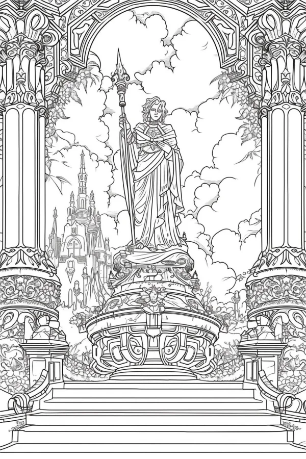 Classical statue holding spear, baroque and european classical style — free printable medieval coloring book page