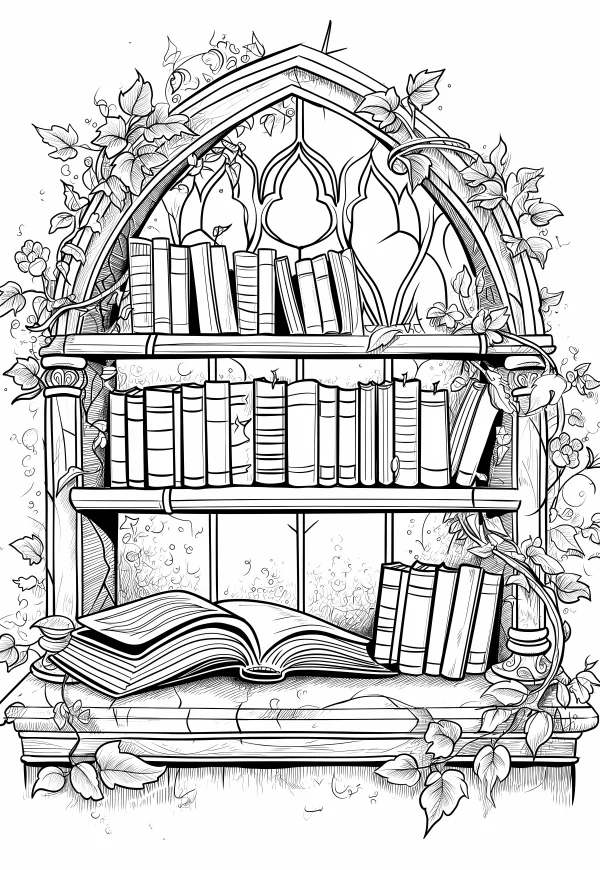 Gothic arch bookshelf filled with books and an open book, surrounded by climbing vines and leaves — free printable euro-american culture coloring book page
