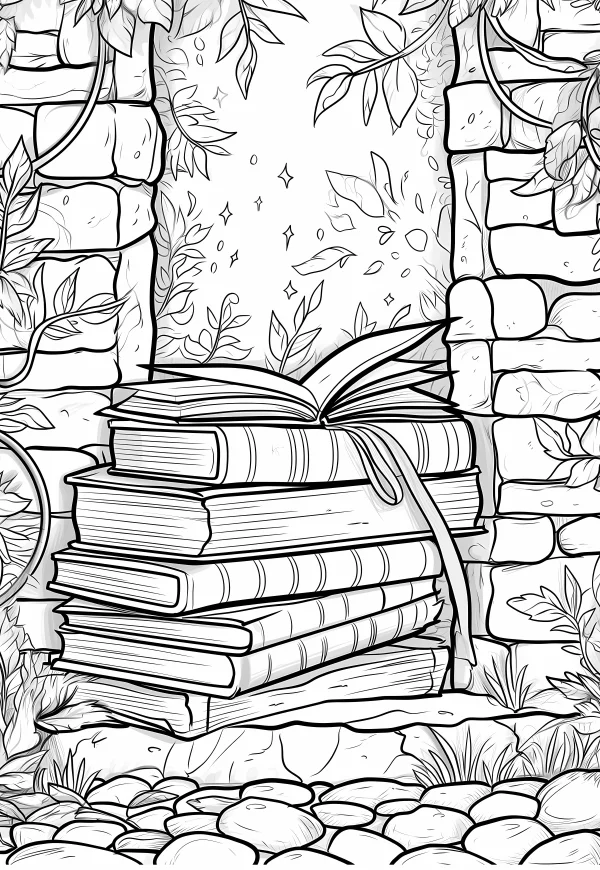Stack of books with an open book on top, set in a stone archway surrounded by vines and plants — free printable pastoral coloring book page