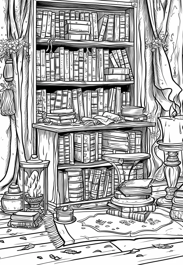 Vintage study room filled with various books, realistic illustration style — free printable study coloring book page