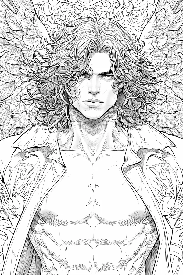 Curly-haired male angel with wings, anime style — free printable angel coloring book page