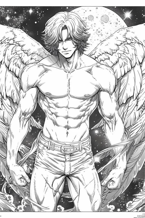 Muscular male angel with large detailed wings, anime style — free printable angel coloring book page