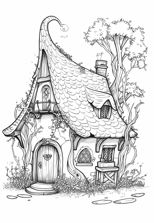 Fairy tale forest cottage, cartoon fairy tale style — free printable cabin coloring book page