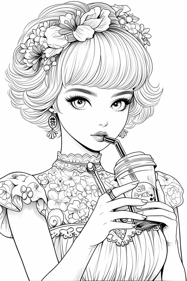 Anime girl with flower wreath on head, wearing cheongsam with intricate floral patterns — free printable girl coloring book page