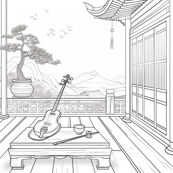 Elegant chinese-style terrace scene with a string instrument and tea set on a wooden table, chinese ink painting line art style — free printable leisure life coloring book page