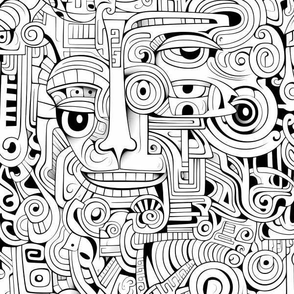 Intricate mayan and aztec style abstract face totem, tribal cultural art style — free printable maya coloring book page