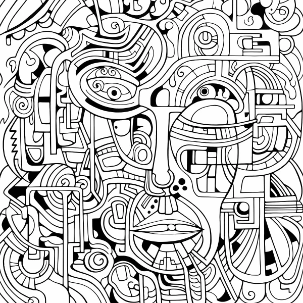 Abstract geometric face in tribal totem style, intricate interwoven geometric lines and patterns — free printable totem coloring book page