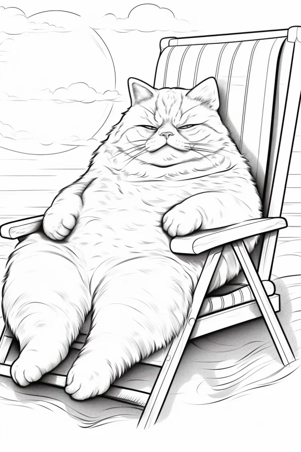 Lazy chubby cat, cartoon style — free printable summer coloring book page